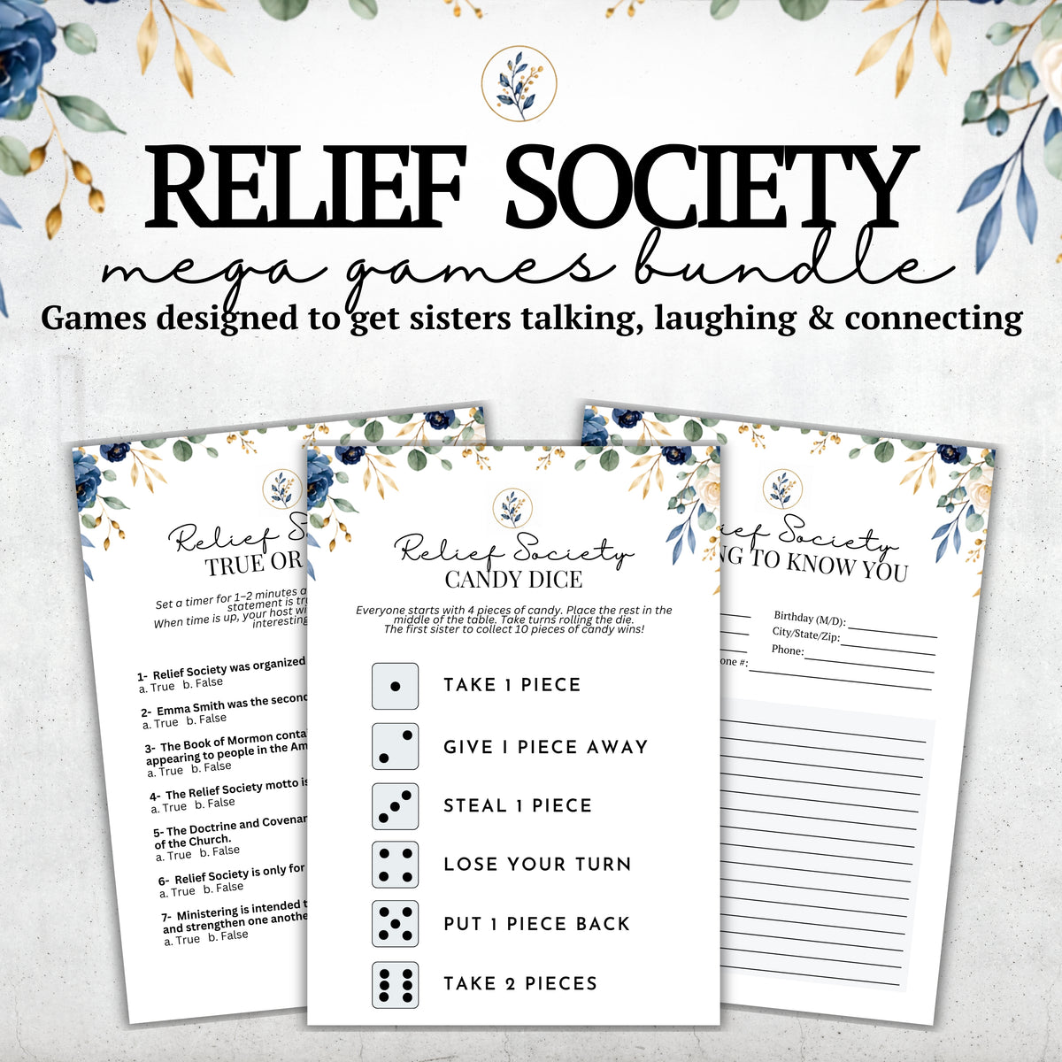 Relief Society mega games bundle printable game cards displayed on a light textured background with decorative floral corner accents. The set includes game cards such as 'Relief Society True or False,' 'Relief Society Candy Dice,' and 'Relief Society Getting to Know You,' with printed rules and dice icons.