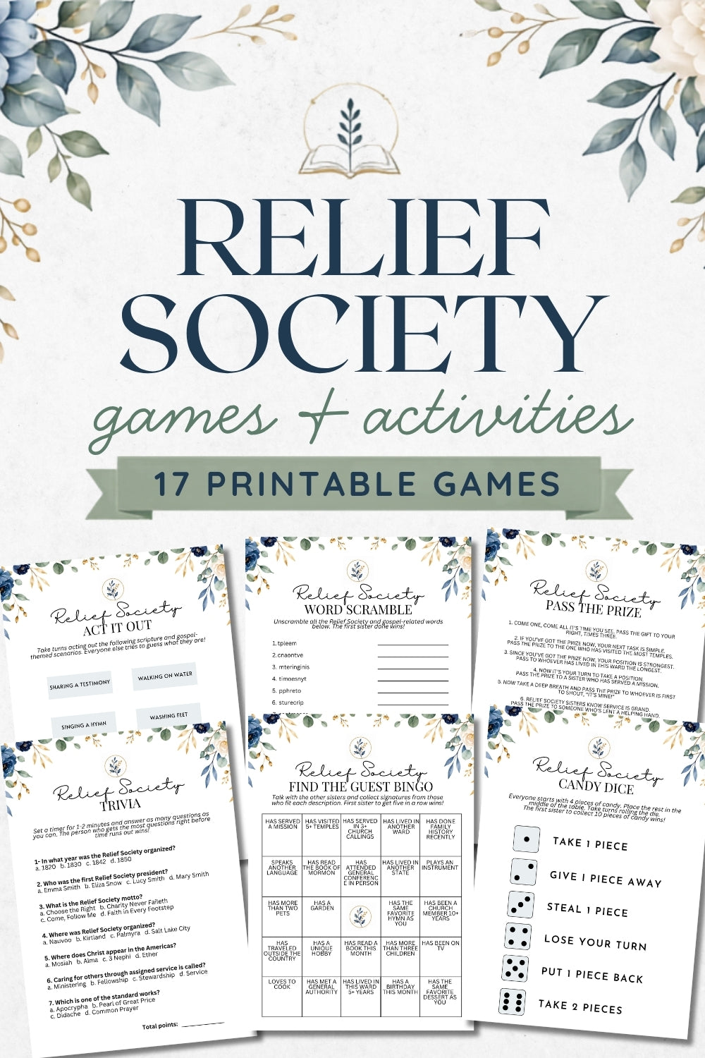 Relief Society printable game and activity bundle cover featuring six sample game sheets arranged below large title text on a light textured background with floral watercolor accents.