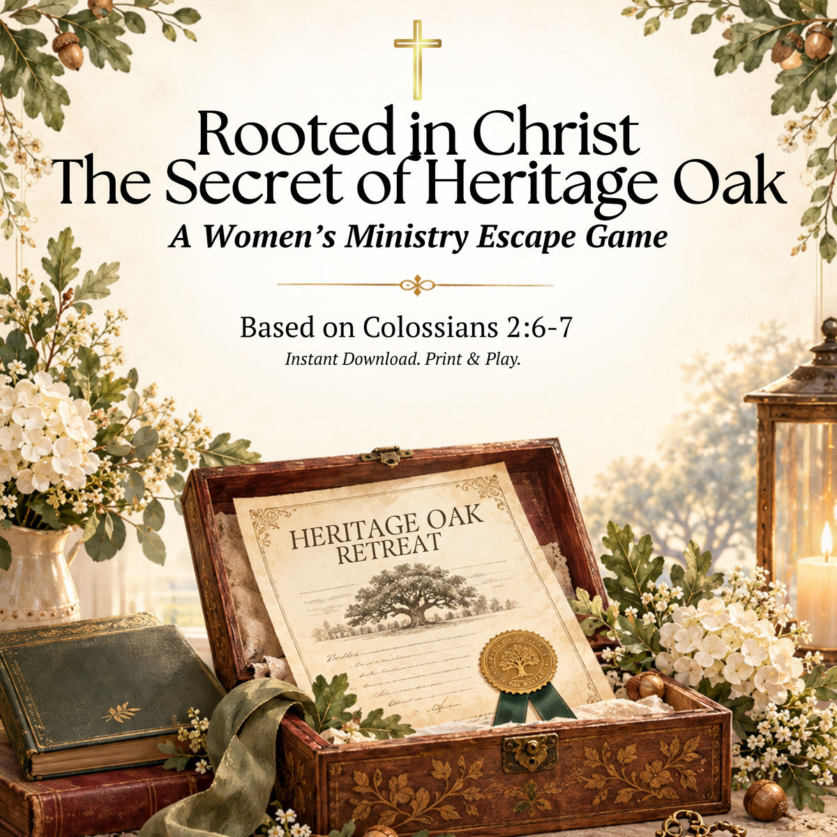 Promotional graphic for 'Rooted in Christ: The Secret of Heritage Oak', a women's ministry escape game. The design features a vintage wooden chest containing a certificate for 'Heritage Oak Resort' with a gold seal, surrounded by antique books, a green ribbon, and delicate white flowers.