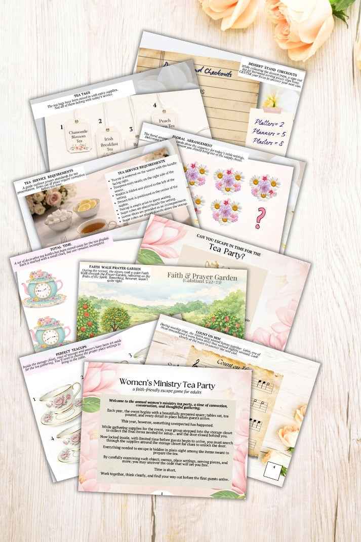 Collection of women's ministry tea party event planning cards on a wooden surface with flowers.